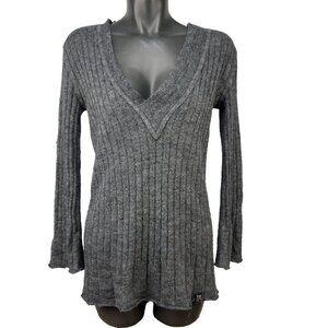 MARC CAIN SPORT Gray Ribbed Wool V-neck Lettuce Tunic Sweater PTP 20